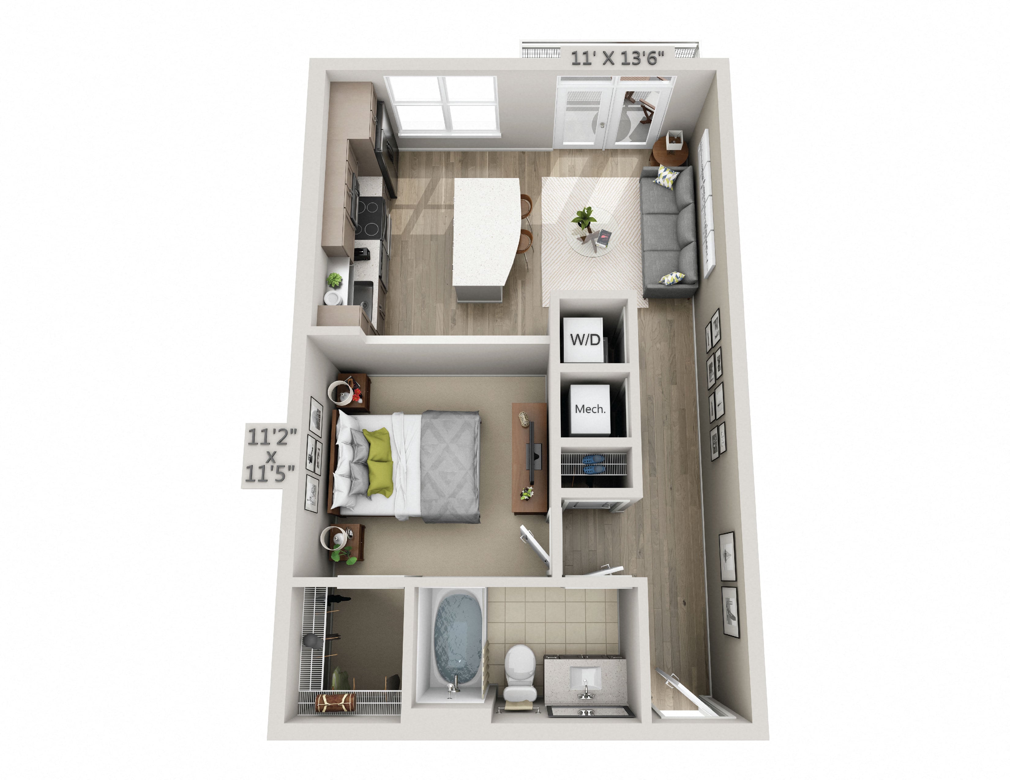Floor plan for studio, 1 bath, 620 sqft